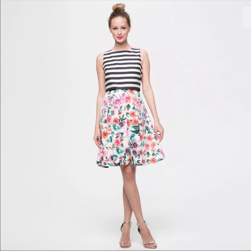 Eliza J Striped Floral Popover Dress - Size 8